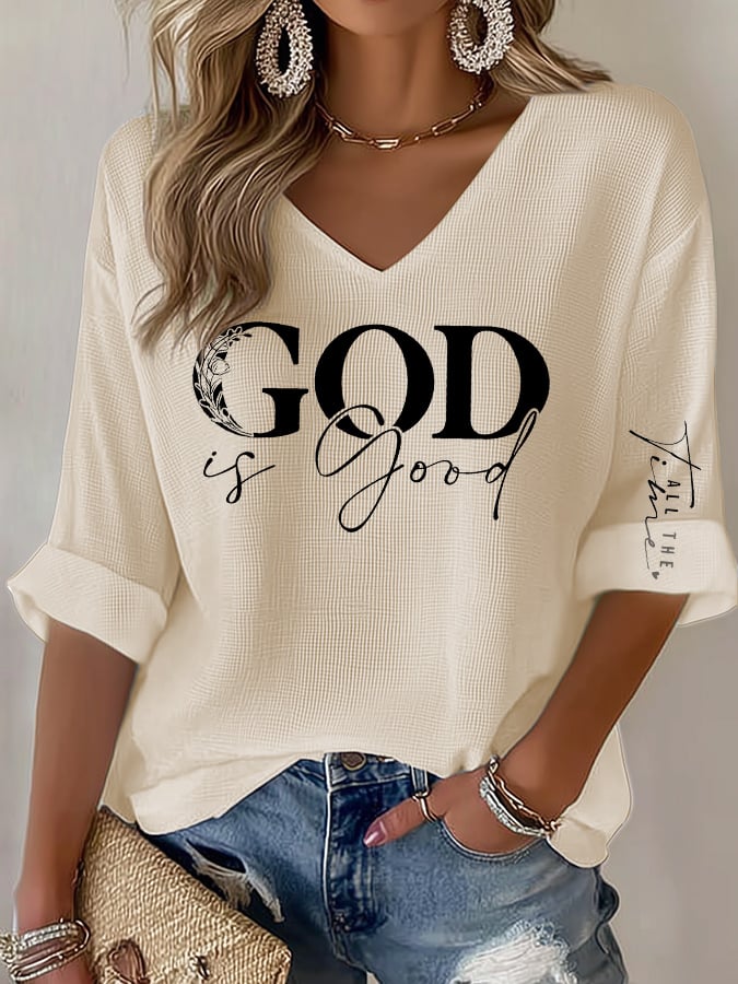 Women's casual God is good at all times waffle long-sleeved T-shirt