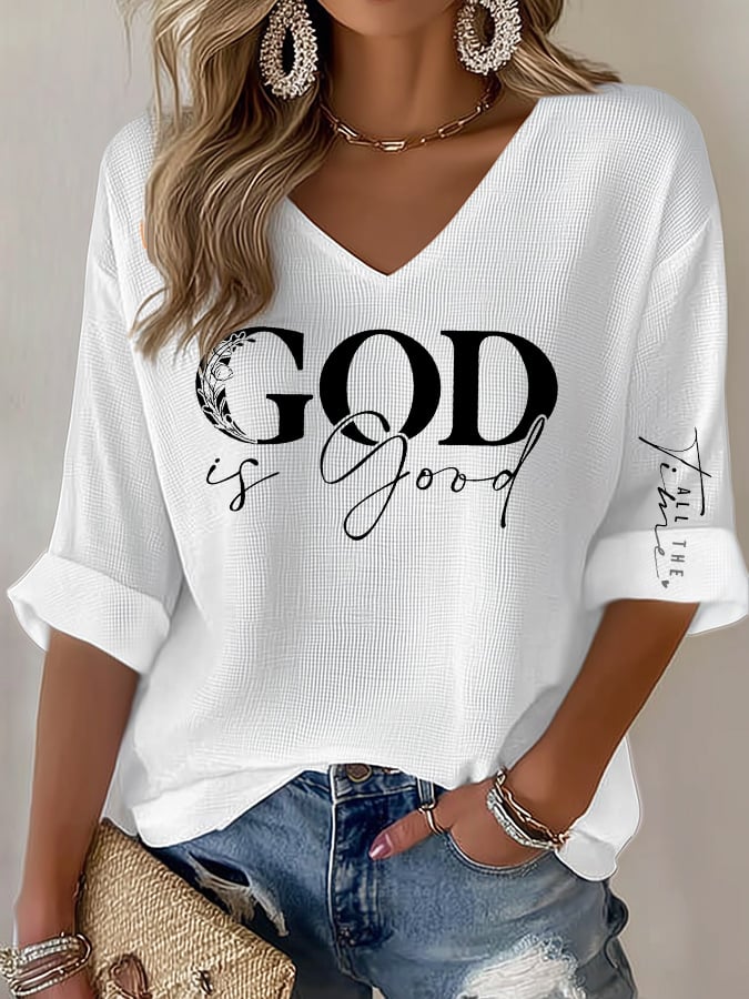 Women's casual God is good at all times waffle long-sleeved T-shirt