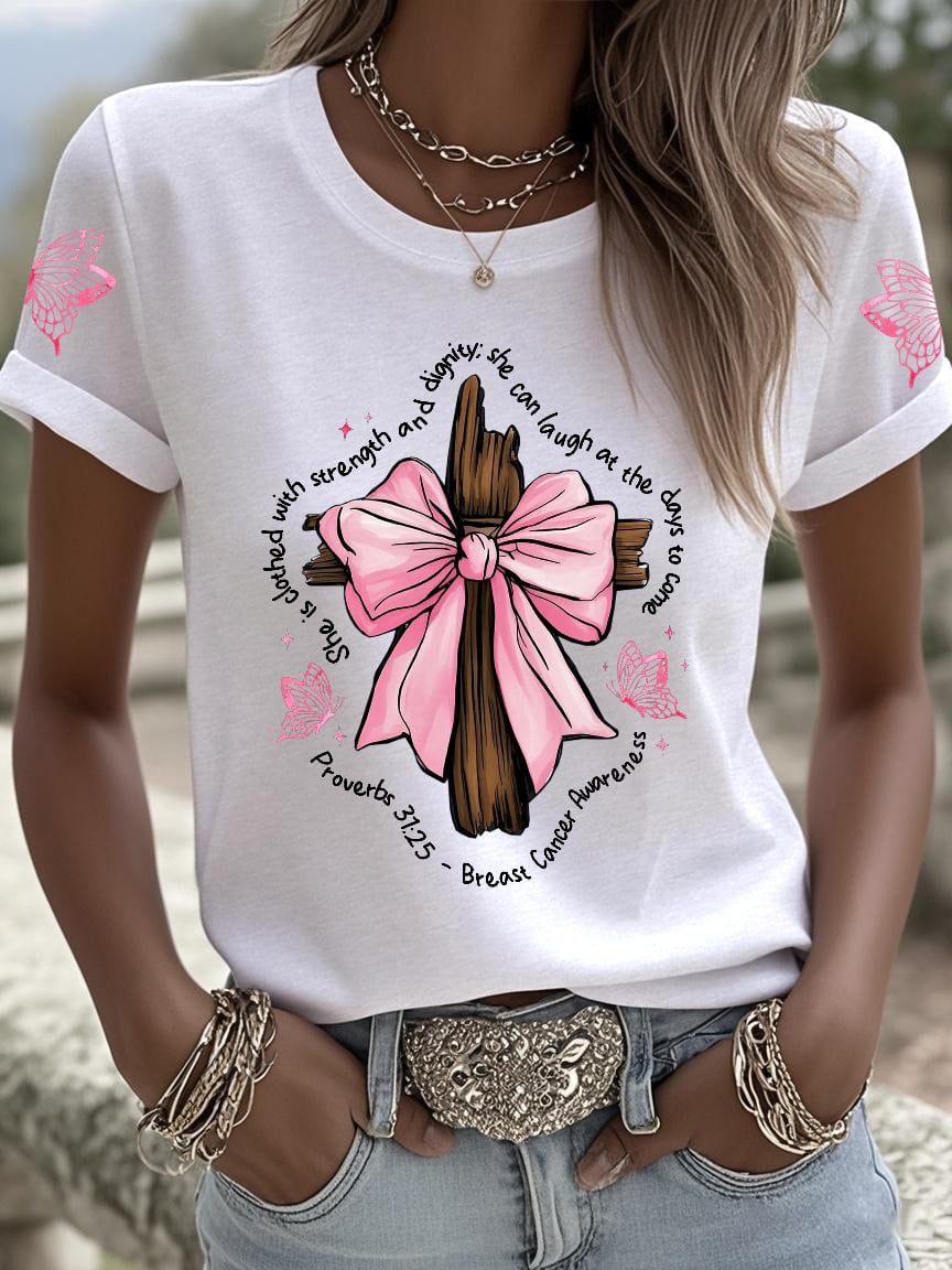 Retro Breast Cancer Awareness Faith Cross Pink Ribbon She Is Clothed With Strength And Dignity; She Can Laugh At The Days To Come Proverbs 31:25 Print T-Shirt