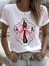 Retro Breast Cancer Awareness Faith Cross Pink Ribbon She Is Clothed With Strength And Dignity; She Can Laugh At The Days To Come Proverbs 31:25 Print T-Shirt