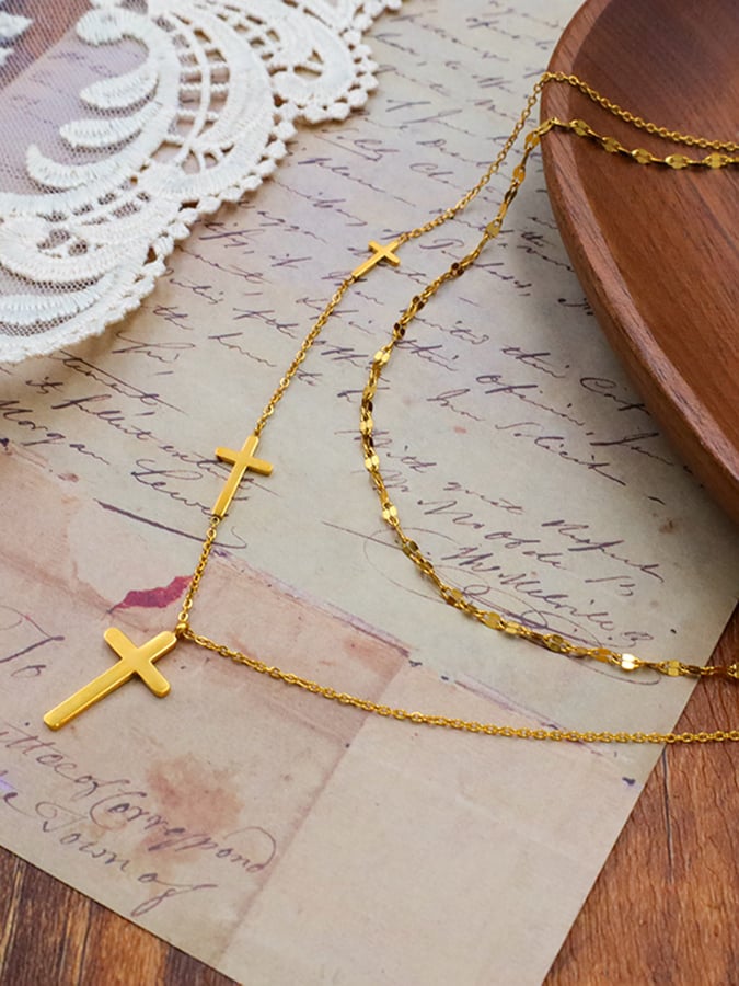 Simple Cross Double Layer Titanium Steel 18k Clavicle Necklace