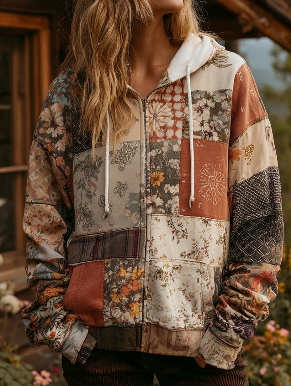Women's Casual Romantic Floral Print Zipper Jacket