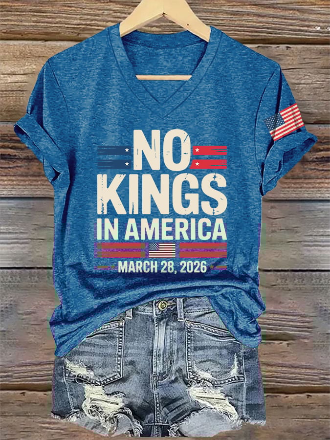 🔥Buy 3 Get 15% Off🔥V-Neck Retro No Kings In America March 28 2026 Print T-Shirt