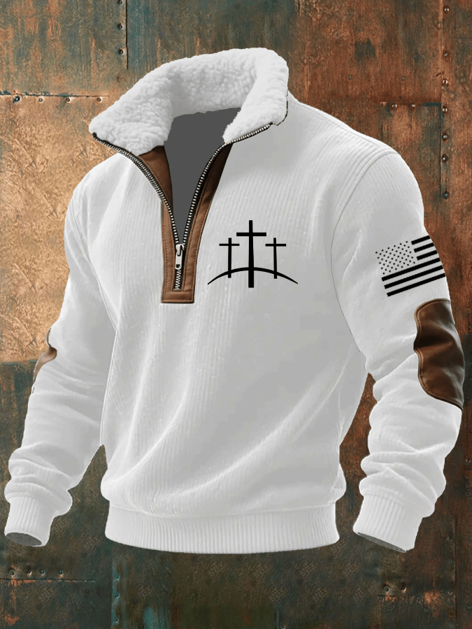 Men's Faith Print Knitted Fabric Zipper Fur Collar Long-Sleeved Sweatshirt