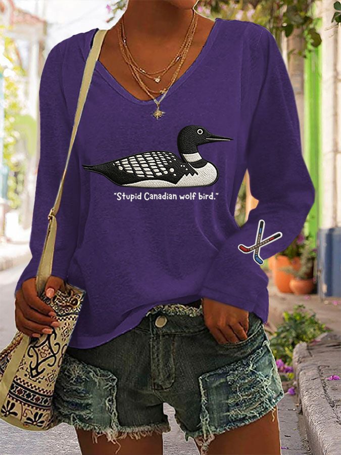 Women's Stupid Canadian wolf bird Print Long Sleeve T-shirt