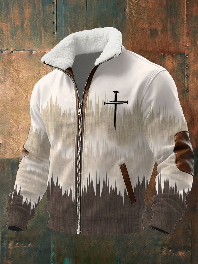 Men's Retro Color Block Print Plush Zip-Up Sweatshirt