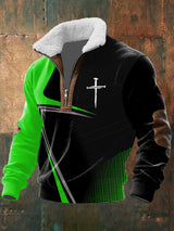 Men's Vintage Faith Design Printed Knit Fabric Zipper Fur Collar Long Sleeve Sweatshirt