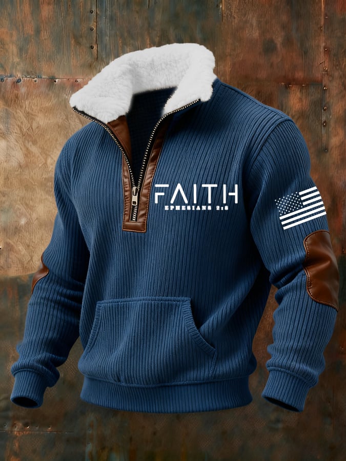 Men's Retro Faith Cross Print Zipper Fur Collar Long Sleeve Sweatshirt