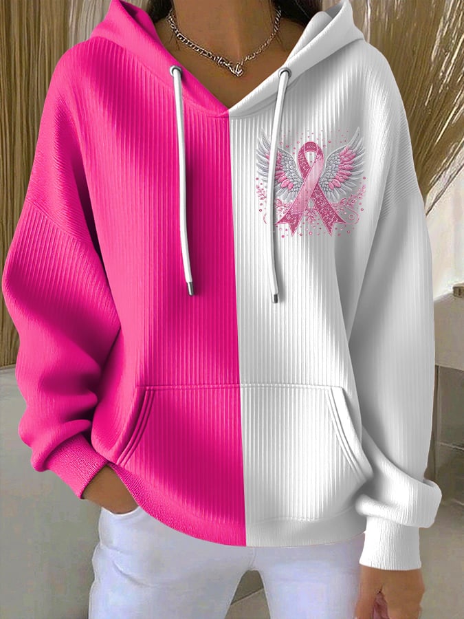 Women's Casual Contrast Pink Ribbon Wings Hoodie