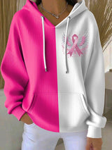 Women's Casual Contrast Pink Ribbon Wings Hoodie