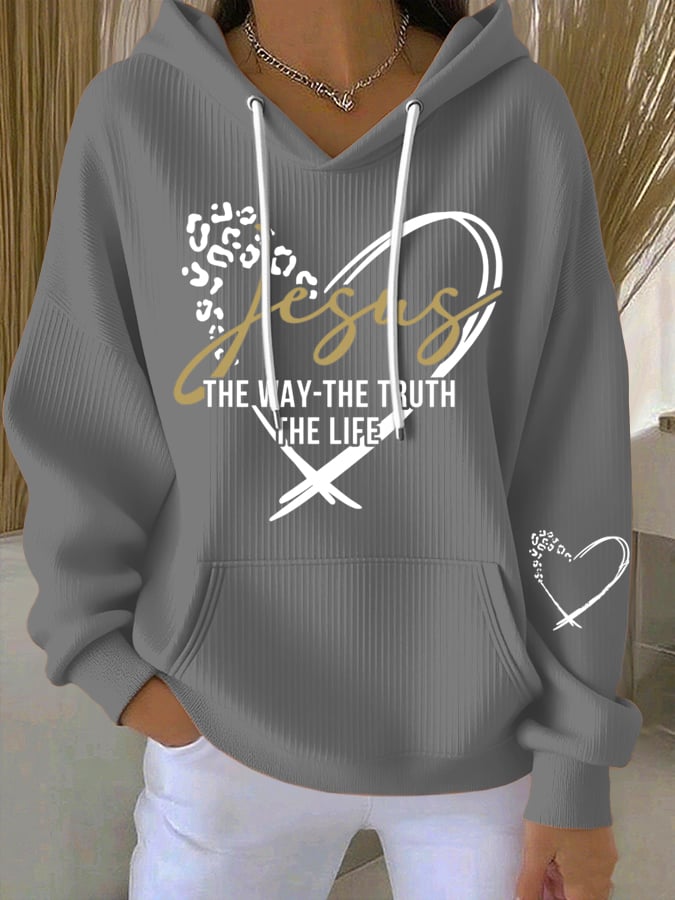 Women's Vintage Faith The Way The Truth The Life Printed Casual Ribbed Hoodie