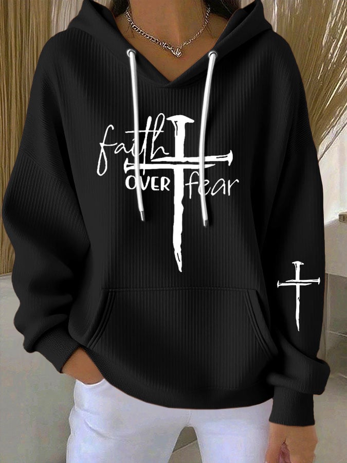 Women's Faith Cross Faith Over Fear Print Casual Hooded Sweatshirt