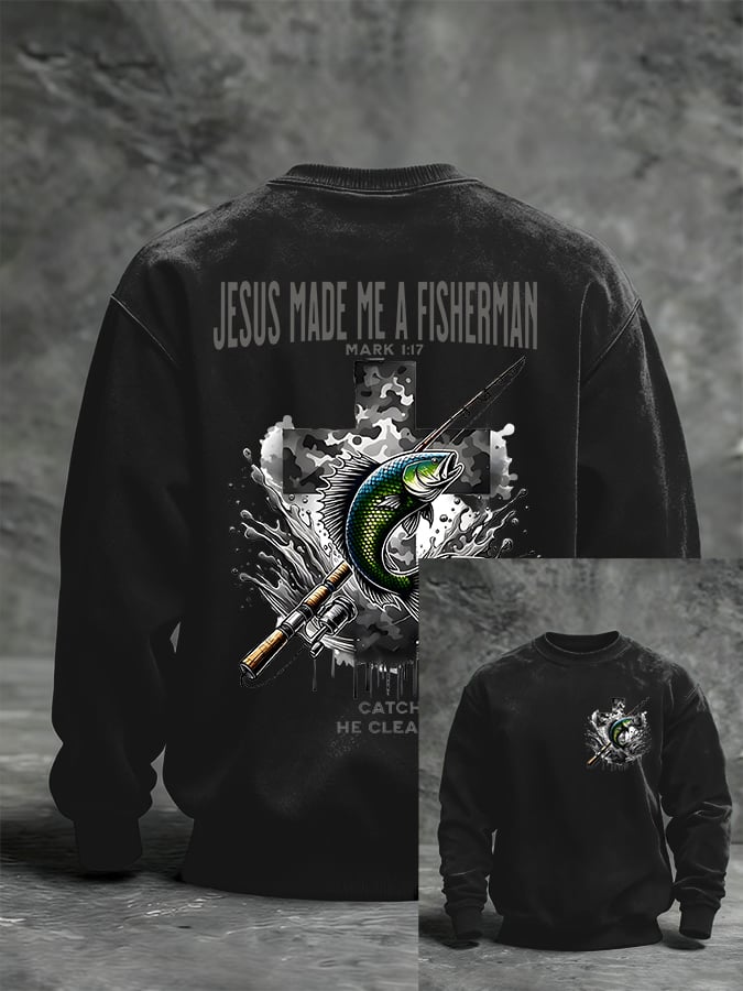 Men'S Casual Jesus Made Me A Fisherman Print Sweatshirt