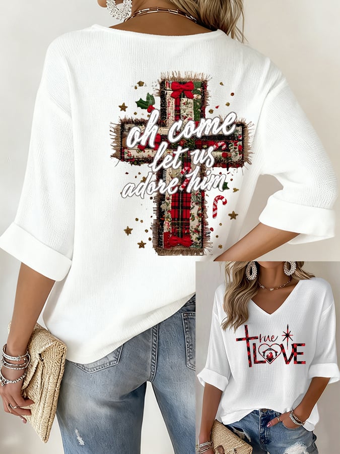Women's Christmas waffle long-sleeved T-shirt
