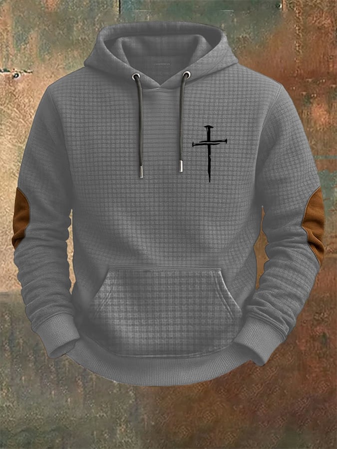 Men's Retro Faith Cross Print Checkered Fabric Sweatshirt
