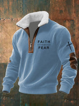 Men's Faith Over Fear Printed Knitted Fabric Zipper Fur Collar Sweatshirt