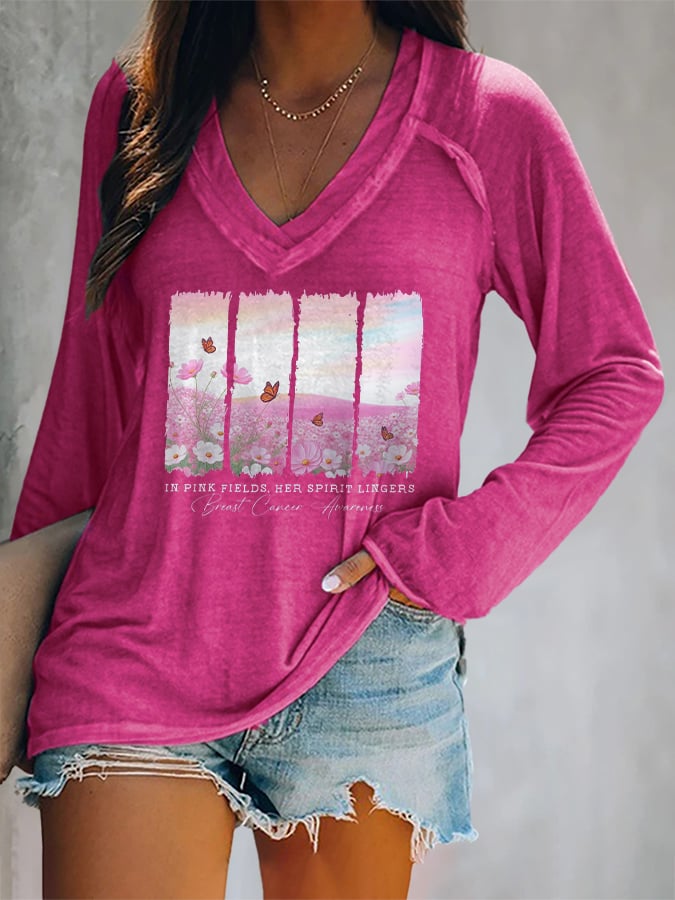 V-neck Retro Breast Cancer Awareness In Pink Fields, Her Spirit Lingers Print T-Shirt