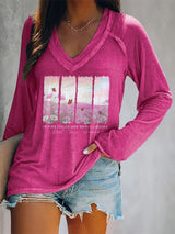 V-neck Retro Breast Cancer Awareness In Pink Fields, Her Spirit Lingers Print T-Shirt