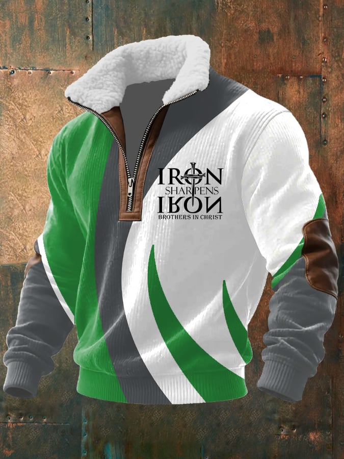 Men's Vintage Faith Design Printed Knit Fabric Zipper Fur Collar Long Sleeve Sweatshirt