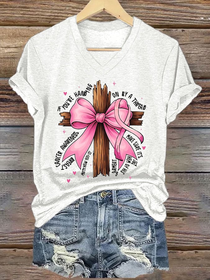 V-Neck Retro Breast Cancer Awareness Faith Cross Pink Ribbon If You’Re Hanging On By A Thread Make Sure It’s The Hem Of His Garment Matthew 9:20-22 Print T-Shirt