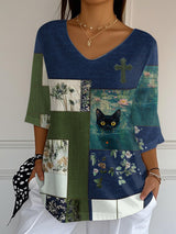 Women's Faith Oil Painting Black Cat Print V-Neck Long Ribbed Top