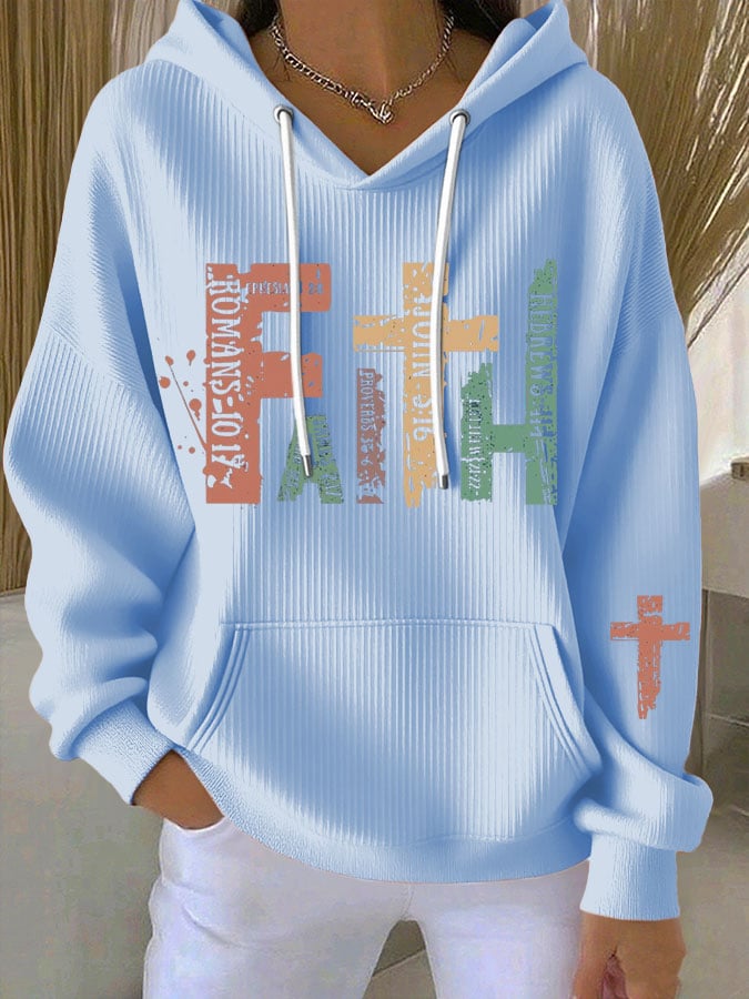 Women's Faith Cross Contrast Print Casual Hooded Sweatshirt