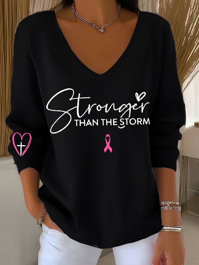 Women's Breast Cancer Awareness Stronger than the storm Print Long Sleeve T-Shirt