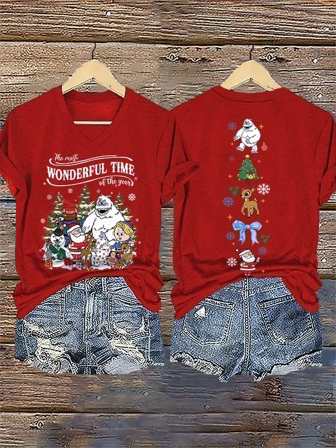V-Neck Retro Christmas The Most Wonderful Time Of The Year Print T-Shirt