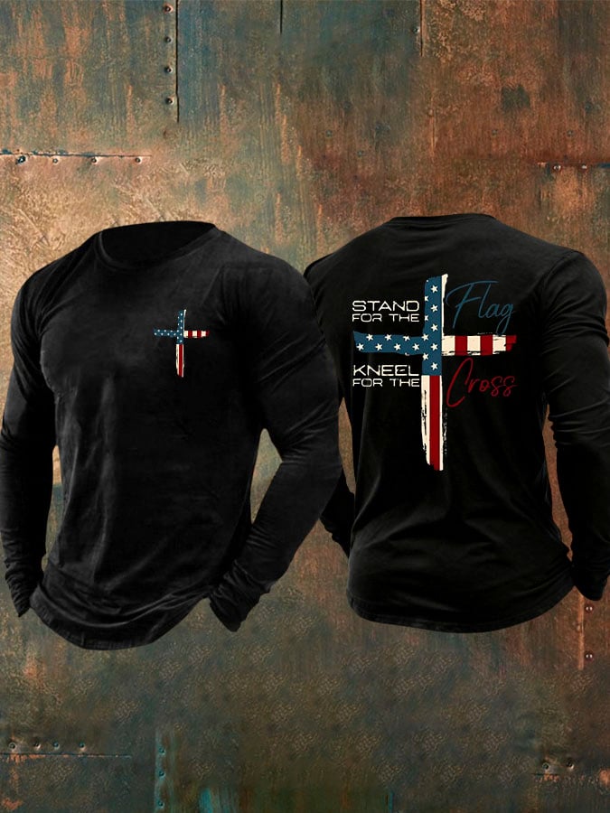 Men's Stand For The Flag Kneel For The Cross Printed Casual T-Shirt