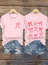 V-Neck Retro Breast Cancer Awareness Bow God Says She Is Hope Strength Courage Faith Unity Fight Support Love Survivor Print T-Shirt