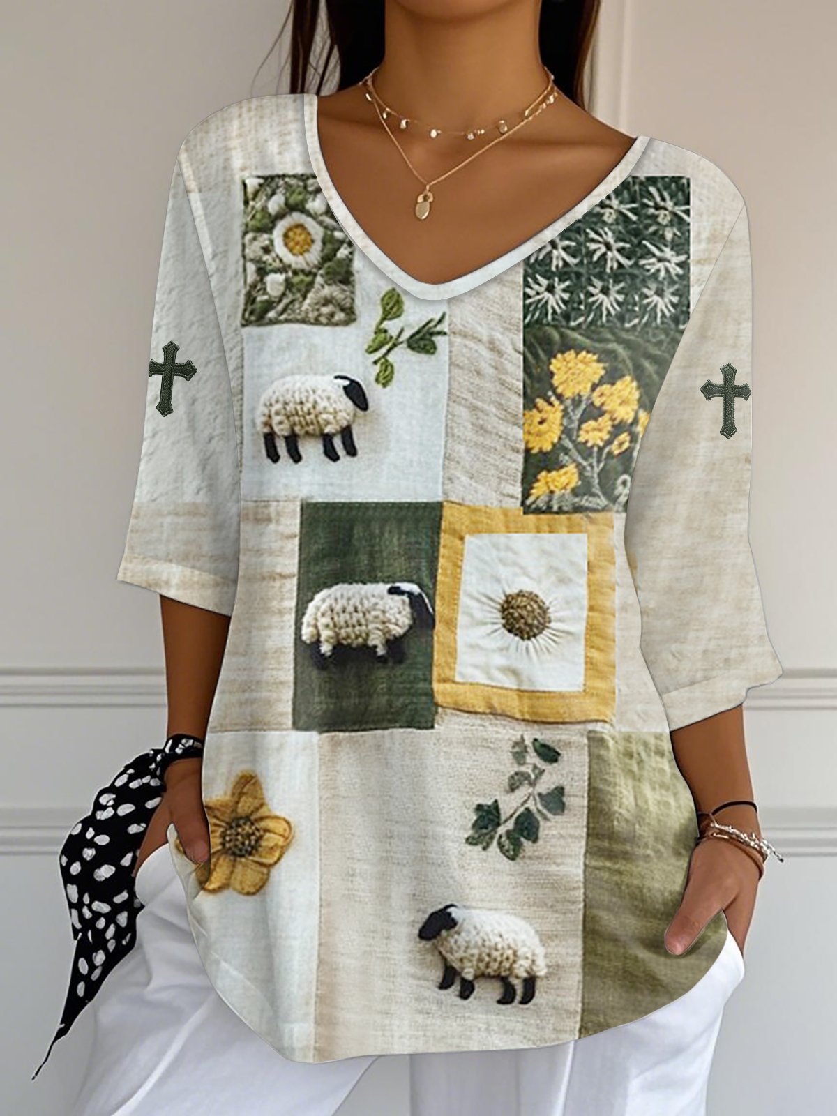 Women's summer cute lamb ranch imitation three-dimensional relief print casual top