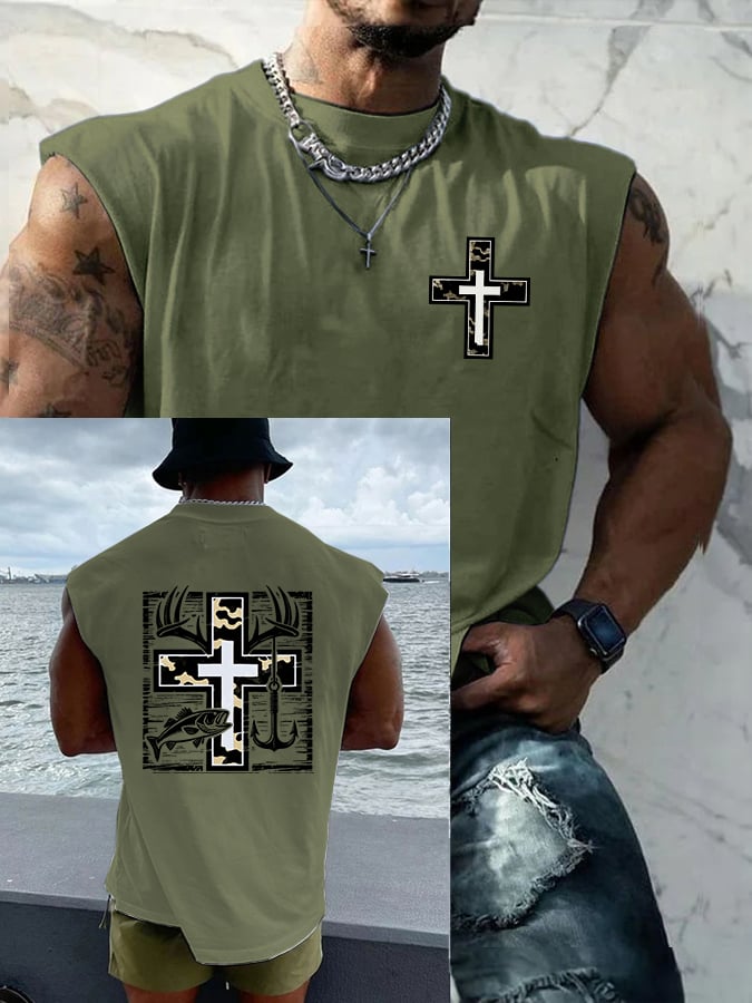 Men's Retro Faith Fishing Hunting Print Round Neck Tank Top