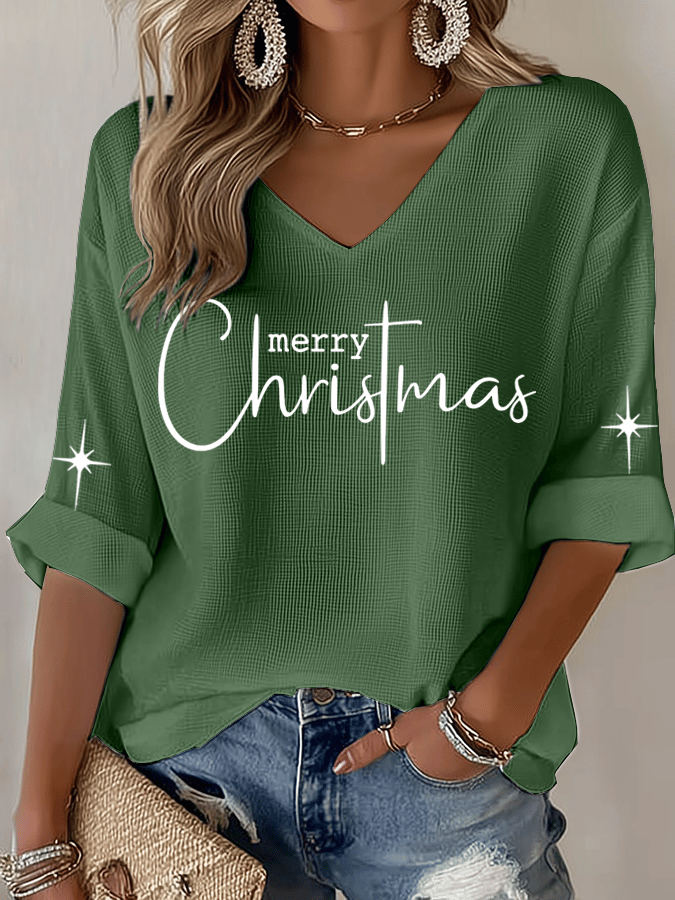 Women's Christmas Faith Print Waffle Long Sleeve T-Shirt