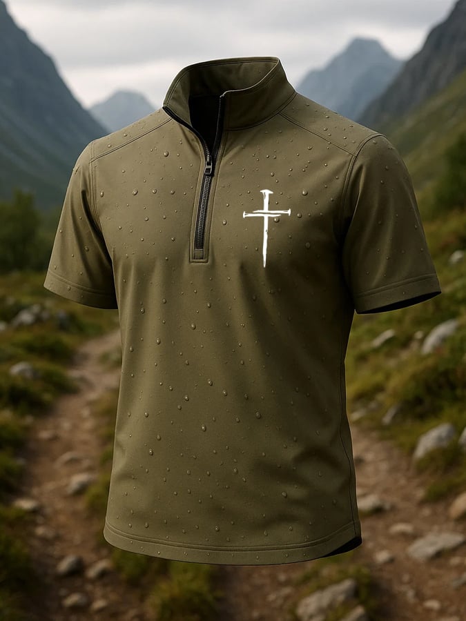Men's Retro Faith Cross Outdoor Waterproof Quick-Drying Short Zipper T-Shirt