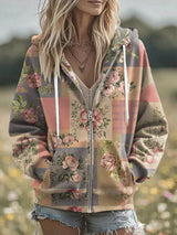 Women'S Casual Pink Floral Patchwork Hoodie