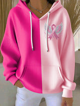 Women's Casual Contrast Pink Ribbon Wings Hoodie