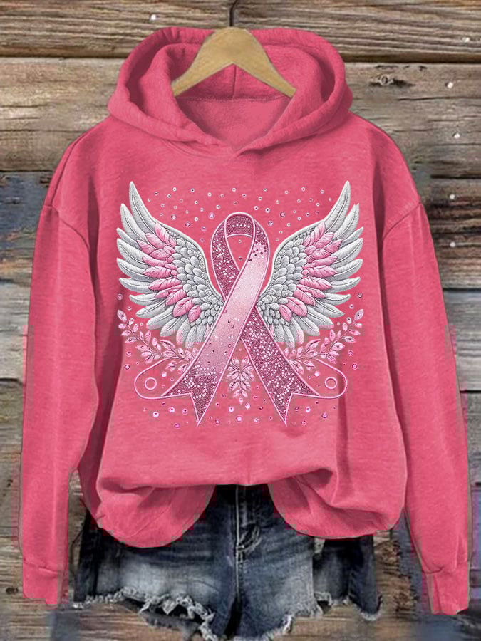 Women's Casual Pink Ribbon Wings Hoodie