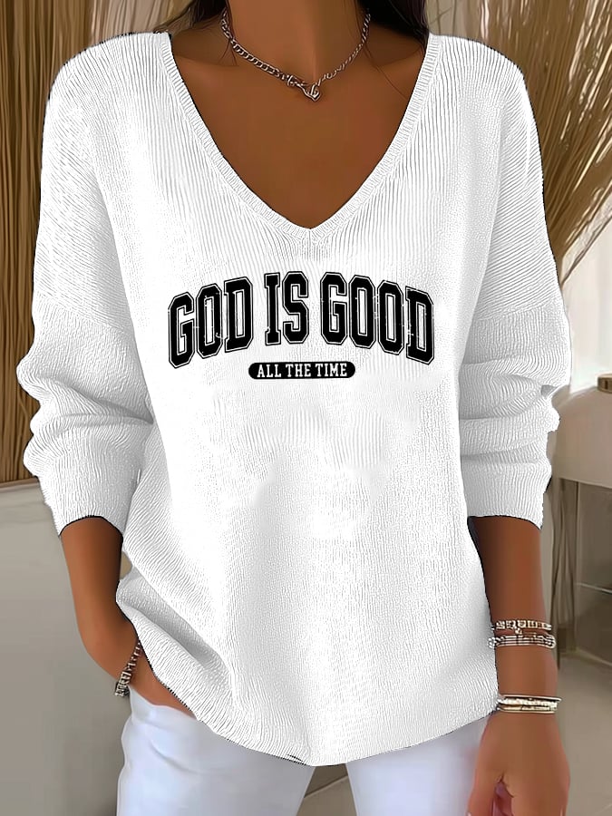 Women's Retro God Is Good All The Time Print Knit Top