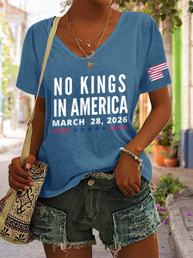 🔥Buy 3 Get 15% Off🔥V-Neck Retro No Kings In America March 28 2026 Print T-Shirt