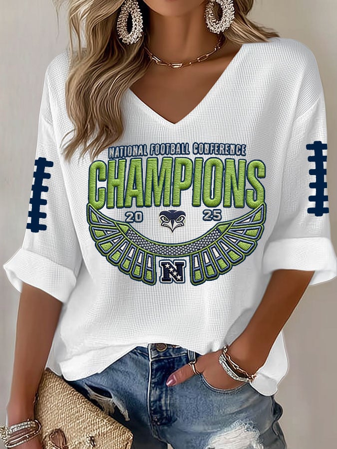 Women's Football Print Waffle Long Sleeve T-Shirt