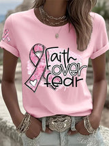 Women's Breast Cancer Faith Cross Faith over fear Print Casual T-shirt