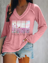 V-neck Retro Breast Cancer Awareness In Pink Fields, Her Spirit Lingers Print T-Shirt