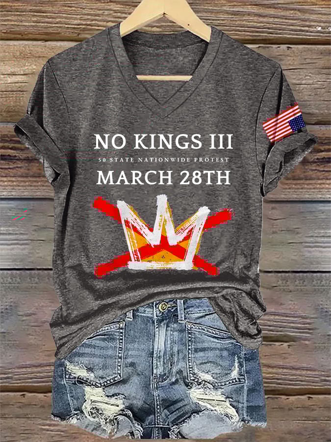 🔥Buy 3 Get 15% Off🔥V-Neck Retro No Kings III 50 State Nationwide Protest March 28th Print T-Shirt