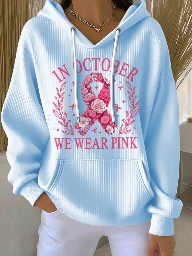 Women's Casual Floral Ribbon October We Wear Pink Textured Hoodie