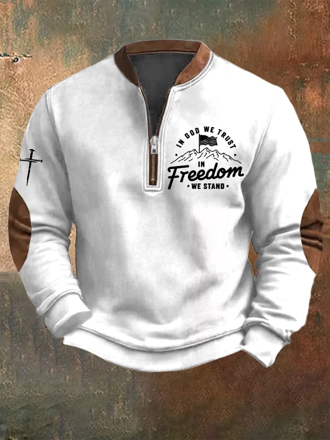 Men's Vintage Faith "In God We Trust In Freedom We Stand" Printed Zip Collar Sweatshirt