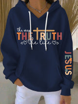 Women's Faith Cross Contrast The Way The Truth The Life Print Casual Hooded Sweatshirt