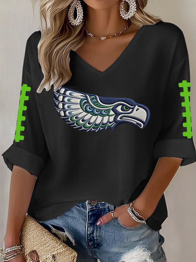 Women's Football Print Waffle Long Sleeve T-Shirt