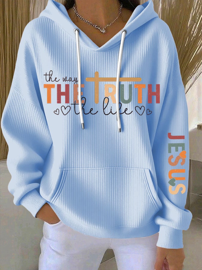 Women's Faith Cross Contrast The Way The Truth The Life Print Casual Hooded Sweatshirt