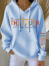 Women's Faith Cross Contrast The Way The Truth The Life Print Casual Hooded Sweatshirt