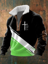 Men's Vintage Faith Design Printed Knit Fabric Zipper Fur Collar Long Sleeve Sweatshirt